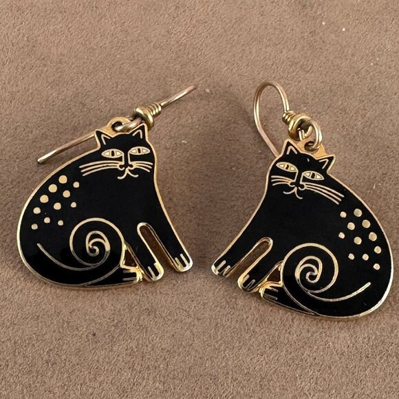 Vintage Laurel Burch Black Enameled KESHIRE CATS Pierced  French Wires Earring - Picture 3 of 7